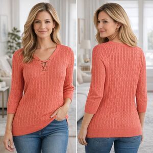 Karen Scott Sweater Large Coral Lace Up V Neck Cable Knit Cotton Casual